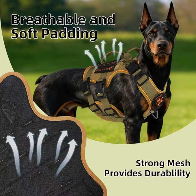 Reflective Tactical Dog Harness with AirTag Holder&3 Pet Patches, Khaki L | Heavy Duty No Pull Dog Harness, Adjustable Dog Harness, Two Handles, Breathable Mesh Padding, Resists Dirt and Stay Clean