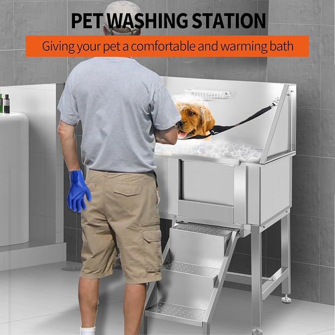 38" Stainless Steel Dog Washing Stations for Large Dogs, Pet Grooming Tub for Home, Professional Pet Bathtub Bathing Station, Pet Wash Station, Dog Shower Tub with Stairs, Drain & Door,R-Door
