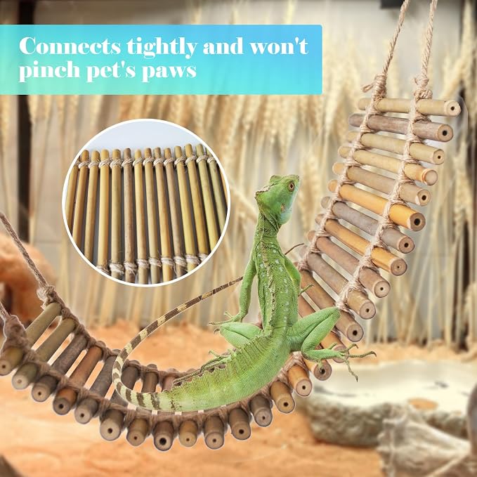 kathson Reptile Bridge for Terrarium,Bearded Dragon Wooden Bridges Gecko Hammock with Hanging Plants Lizard Lounger Bamboo Ladder Reptiles Tank Accessories Climbing for Chameleons Geckos Snakes (3Pcs)
