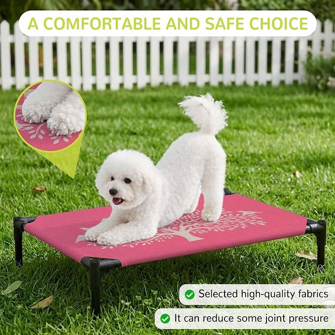 Outdoor Elevated Dog Bed for Medium Dogs, Black Tree Breathable Cooling Raised Dog Cot for Indoor/Outdoor, Birds Vintage Farmhouse Pink Waterproof Elevated Pet Beds, M 24 x 20 in
