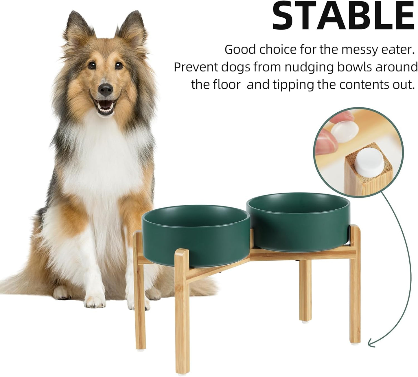 Ceramic Raised Double Bowls Set with Stand, Food & Water Bowls for Large Breed Dogs, Weighted Dog Dishes, Pet Bowl(8.2'',60OZ, Green)