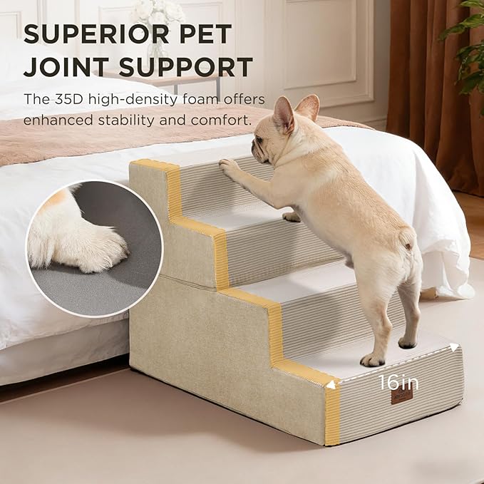 Joydeco Large Dog Stairs for High Beds - Extra Wide Pet Steps for Large Dogs to Get on Tall Bed, 4-Step Cat Ramp for Couch, 20" H Beige