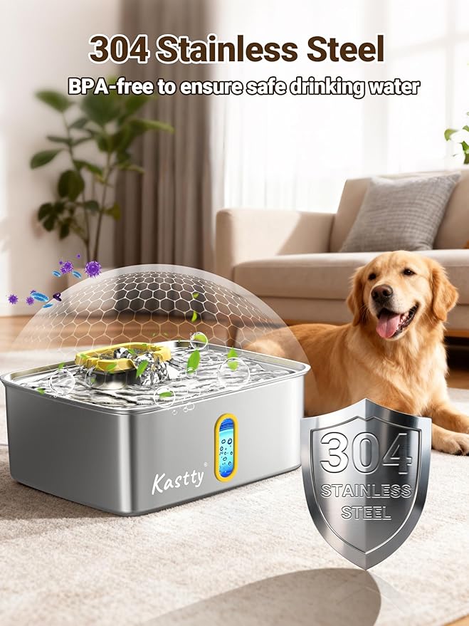 Kastty 4 Gal Dog Water Fountain for Large Dogs, 15L Stainless Steel Pet Water Fountain, QuietTriple Filtration Dog Water Bowl Dispenser with Water Level Window and LED Light Easy Clean(FS78,Yellow)