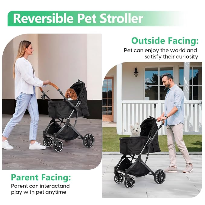 Pet Stroller for Small/Medium Dogs & Cats Up to 50 lbs, 4-Wheel One-Click Foldable Pet Stroller with Reversible Handle, Removable Pad, Cup Holder and Storage Basket (Black)