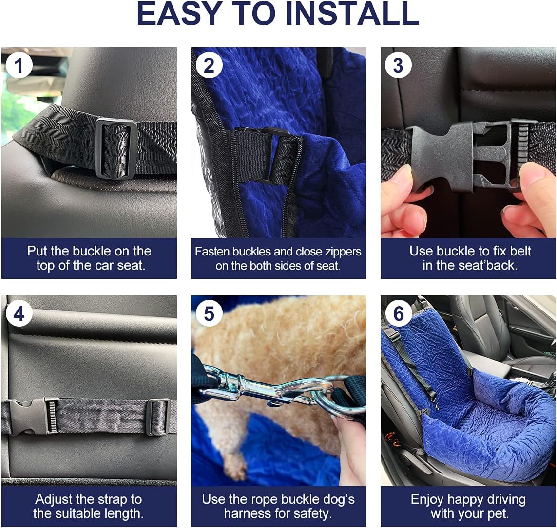 Dog Car Seat for Small Medium Dogs Up to 40lbs, Detachable Washable Soft Pet Booster Travel Bed for Front & Blue Seat with Safety Leash Belt