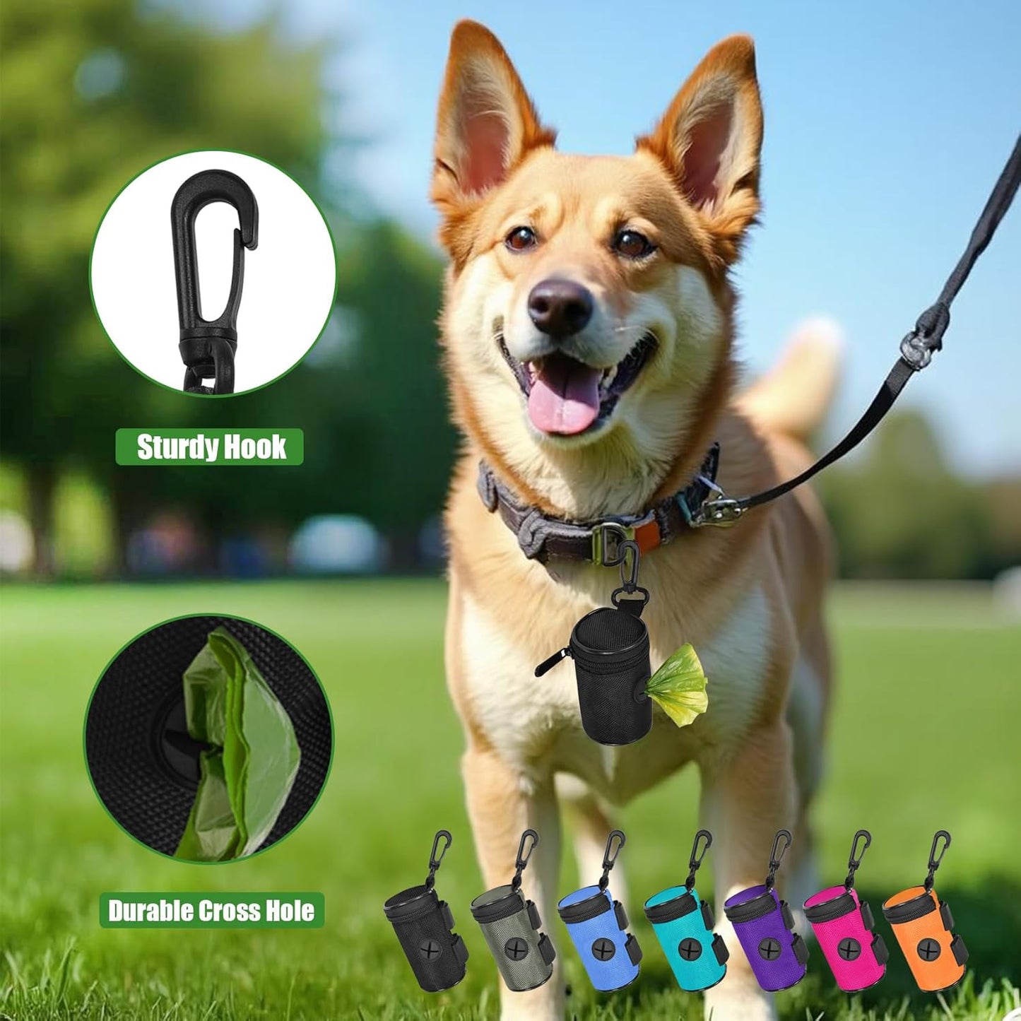 Dog Poop Bag Holder for Leash Attachment - Waste Bag Dispenser for Leash - Fits Any Dog Leash - Portable Set with Hand Free Holder Metal Carrier, Round Shape, Grey