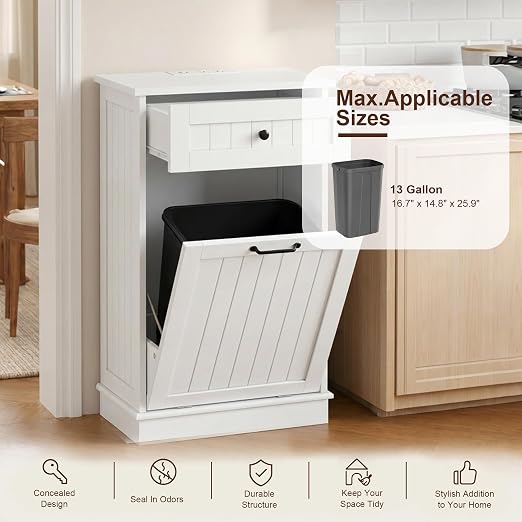 13 Gallon Tilt Out Trash Can Cabinet, Hidden Trash Bin White | Trash Cabinet with Drawer, for Kitchen, Bathroom and Laundry Room