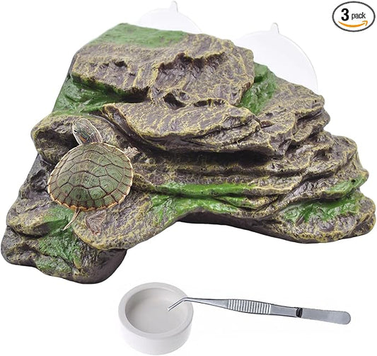 PINVNBY Resin Turtle Basking Platform with 2 Pcs Suction Cups,Floating Dock for Turtles,Tortoise Climbing Ramp Shale - Ideal for Aquatic Turtles,Stable & Durable,Easy to Install(Green Brown L)