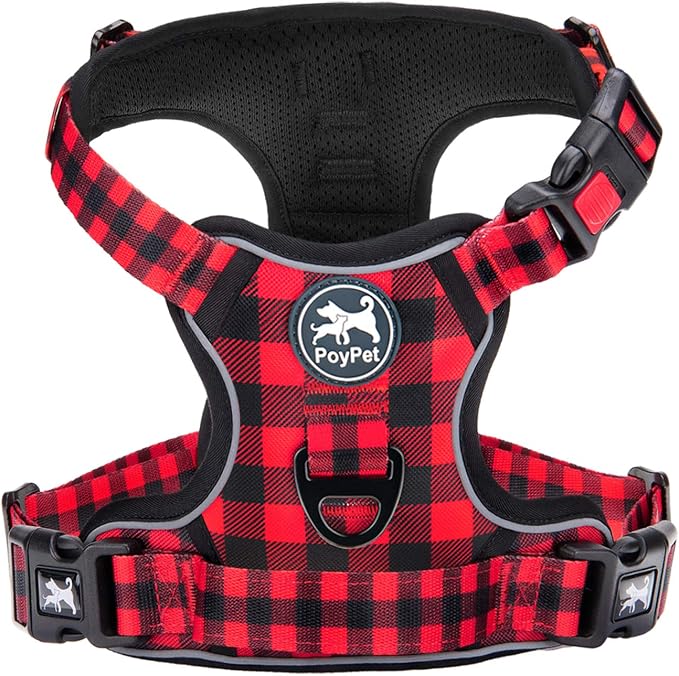 PoyPet Plaid Dog Harness Small, No Pull Vest with Front Clip & Neck Buckle | Padded Handle, Reflective, No Choke, Lockable, 2 Leash Rings, Full Adjustable, for Training Walking, XS, Checkered Red