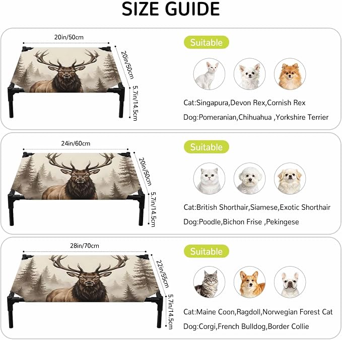 Outdoor Elevated Dog Bed for Large Dogs, Brown Elk Breathable Cooling Raised Dog Cot for Indoor/Outdoor, Farm Pine Forest Tree Wildlife Rustic Waterproof Elevated Pet Beds, L 28 x 22 in
