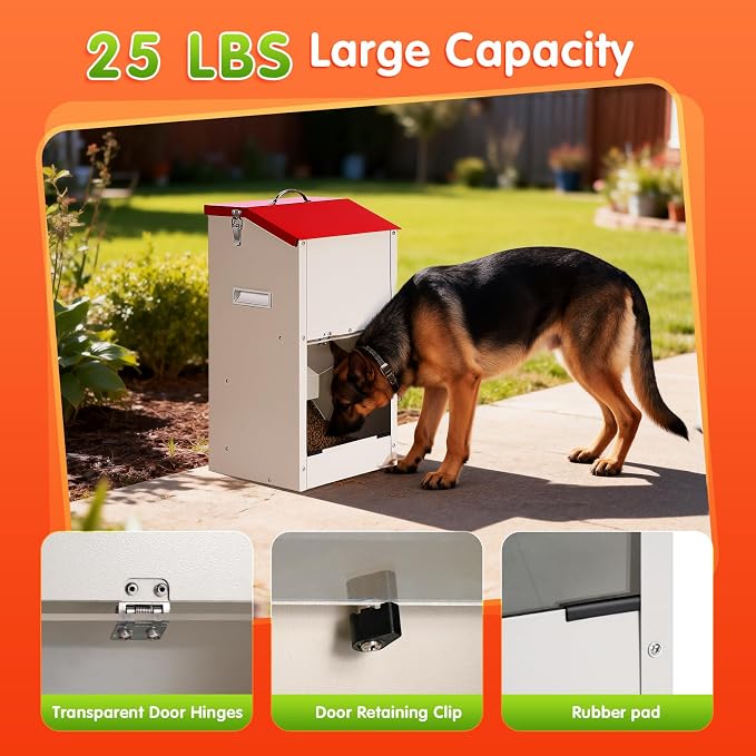25 Lbs Automatic Dog Feeder for Large Dogs, Dog Food Dispenser | Galvanized Gravity Pet Feeder with Lockable Clear Gravity Door, Ideal for Dogs & Cats, Indoor and Outdoor Use, Wall Mountable