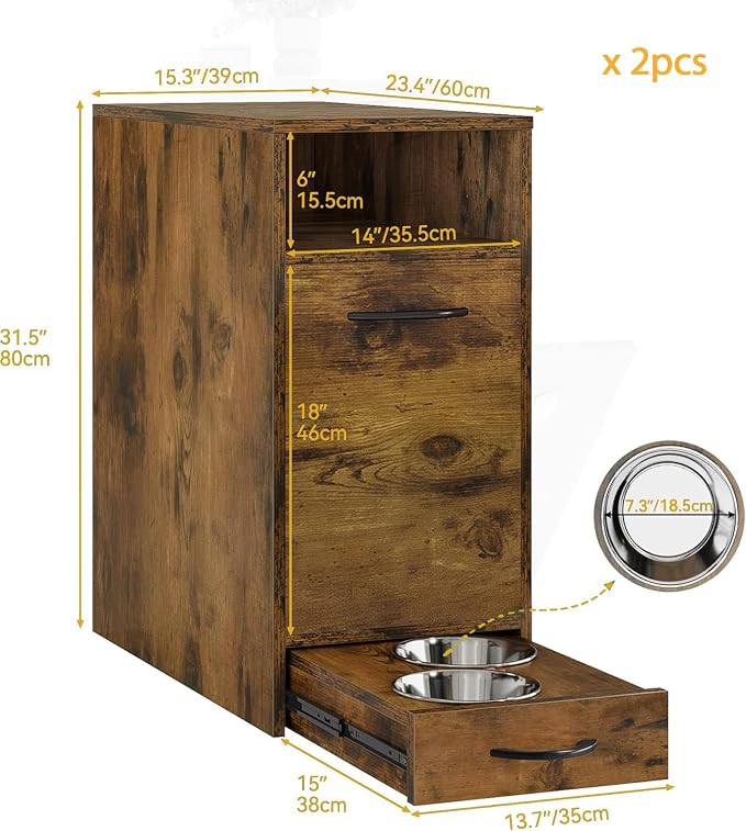 DWVO 30.6" Dog Feeding Station with Storage & 4 Feeder Bowls | Tilt-Out Dog Food Cabinet, Pull Out Elevated Dogs Bowl, Rustic Brown