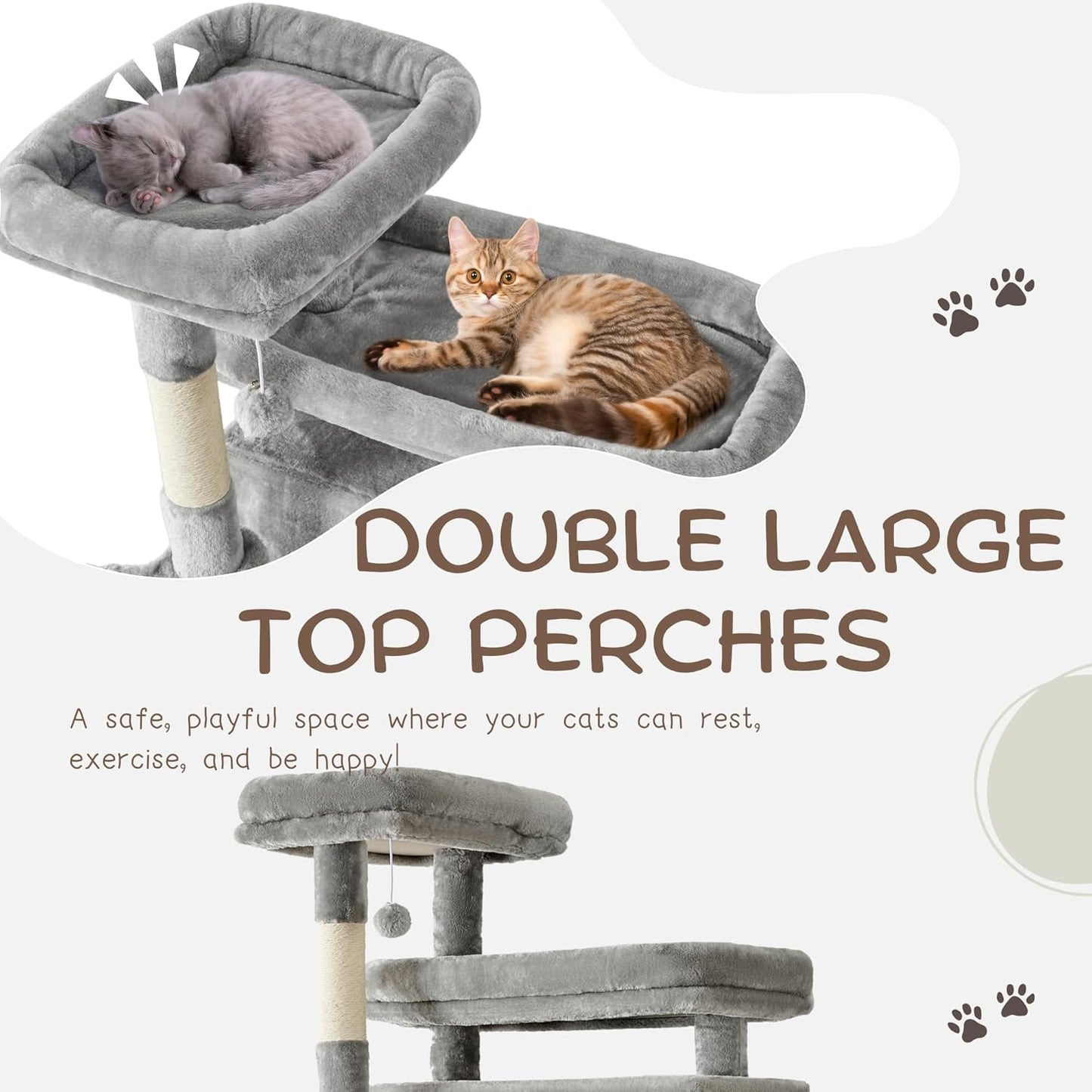 Cat Tree, 80-Inch Large Cat Tower with 9 Scratching Posts, 2 Perches, 2 Caves, 2 Basket, 2 Stairs, Extra Large Hammock, Pompoms, Multi-Level Plush Cat Condo for Indoor Cats/Light Grey
