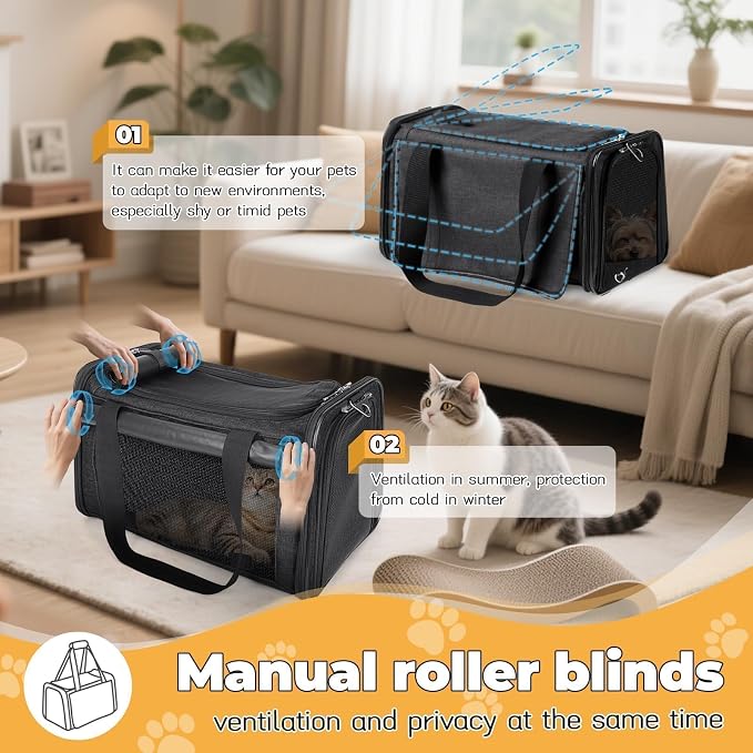 YUDODO 25 lbs Lightproof Soft Sided Large Cat Carrier for Small Pet Dog Airline Approved Travel Bag Puppy Carriers with Side Pockets & Reflective Mesh, Foldable Portable for Outdoor Car Black