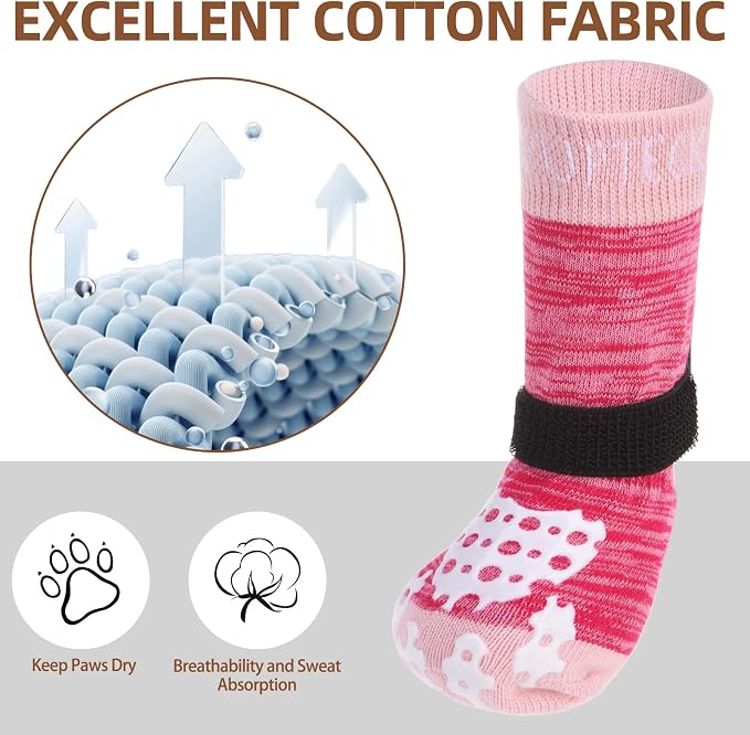 PUPTECK Anti-Slip Dog Socks with Double Sides Grips for Small Medium Large Dogs Hardwood Floors Prevents Licking, Dog Shoes for Hot Pavement Traction Control for Senior Dogs, Fuschia, S
