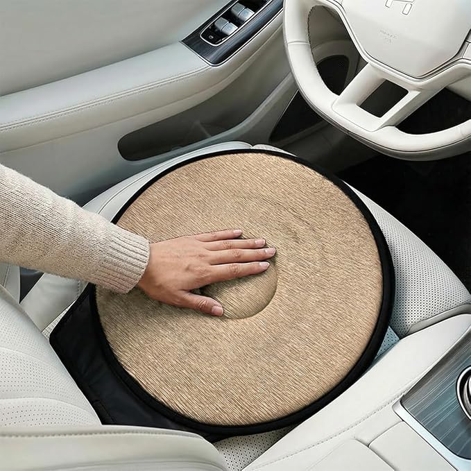 360 Degree Swivel Car Seat Cushion, Round Rotating Non Slip Vehicle Chair Pad for Elderly Support, Portable Removable Automotive Interior Seat Assist Pad, Universal for Sedan RV Truck (Beige)