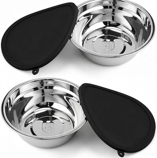Patelai 4 Pcs Stainless Steel Dog Bowls 7.9" with Silicone Lids Portable Food and Water Dishes for Pets Sealable Containers for Small Medium Dog Cat Indoor (Black)