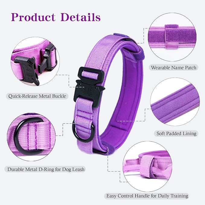 Tactical Dog Collar for Large Dogs with Control Handle,Purple,M | 1000D Heavy-Duty Nylon Fabric,Quick-Release Metal Buckle,Adjustable Fit,Soft-Padded Webbing,D-Ring,for Training & Hiking