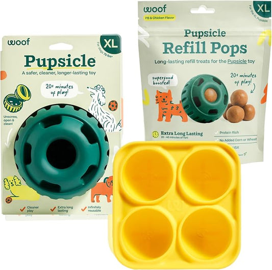 WOOF Starter Pack Dog Treat Toy for XL Dogs 75 lbs & Up | Long-lasting enrichment kit, Pupsicle toy included, reusable treat mold, chicken Pops, DIY frozen treats