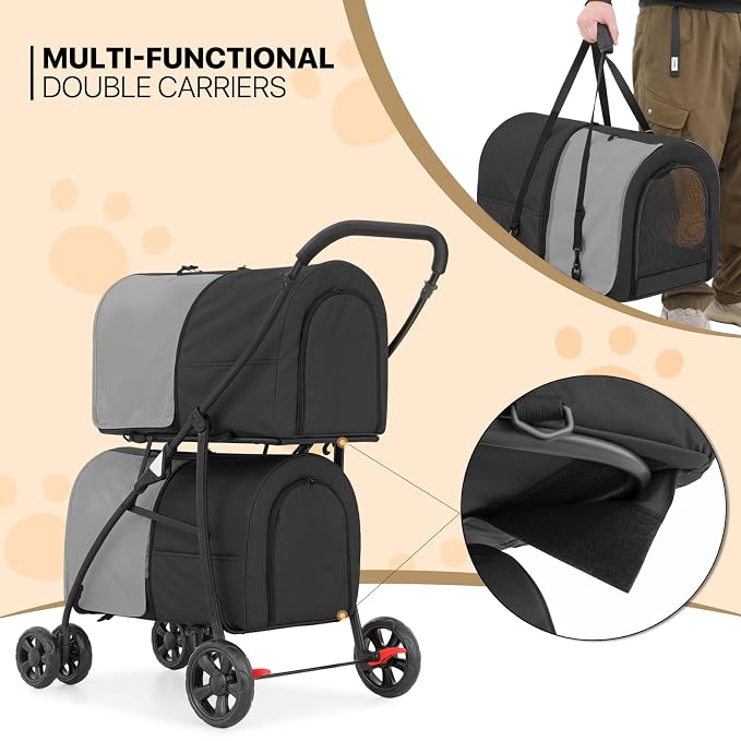 MoNiBloom Double Dog Stroller for Small and Medium Dog Cats, Black/Gray | Pet Stroller with Detachable Carrier Bags Large 4 Wheels Foldable Jogger for Small and Medium Dog Cats