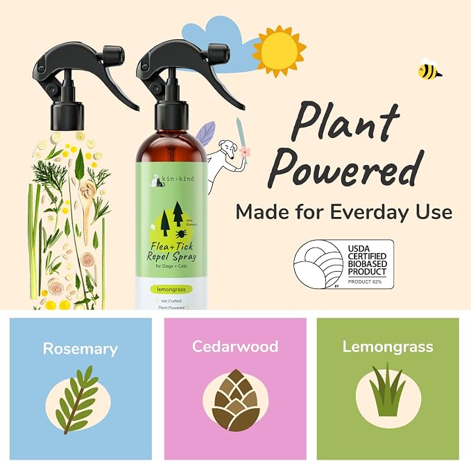 kin+kind Natural Flea and Tick Prevention for Dogs & Cats, Non-Greasy Coat Spray, Lemongrass, Vet-Formulated, 12 fl oz