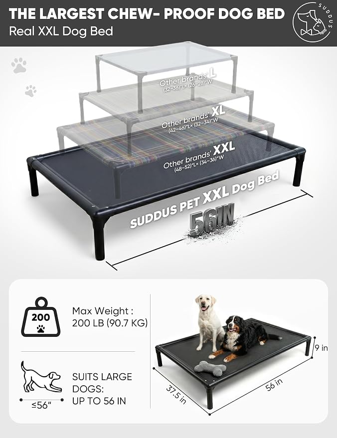 Elevated Dog Bed Waterproof Outdoor, Portable Raised Dog Bed, Dog Bed Off the Floor, Chew-Proof Dog Bed Easy Clean Indoor or Outdoor Use，XX-Large, 56 * 37.5 * 9in, Grey