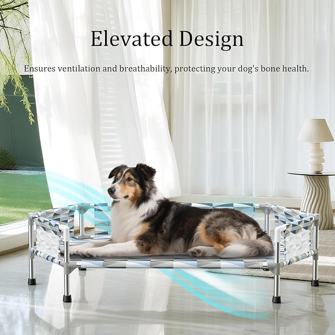 Elevated Dog Bed with Guardrails, Raised Cooling Outdoor Pet Cot Medium | Outdoor Dog Bed with 5-Sided Fence for Training Rest, Portable Hexagon Dog Hammock with Metal Frame, Dog Couch Off the Ground