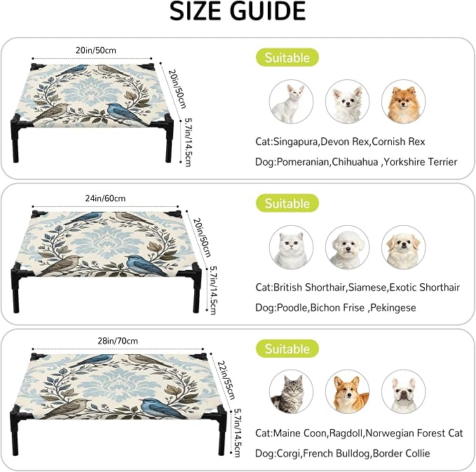 Outdoor Elevated Dog Bed for Large Dogs, Blue Floral Breathable Cooling Raised Dog Cot for Indoor/Outdoor, Rustic Birds Flowers Vintage Branch Garland Waterproof Elevated Pet Beds, L 28 x 22 in