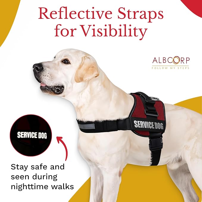 Service Dog Vest Harness – Reflective Service Animal Vest, No-Pull Harness with Handle & Mesh Padding – Sizes XXS-XL for Puppies – 2 Removable Service Patches Included (Large, Maroon)