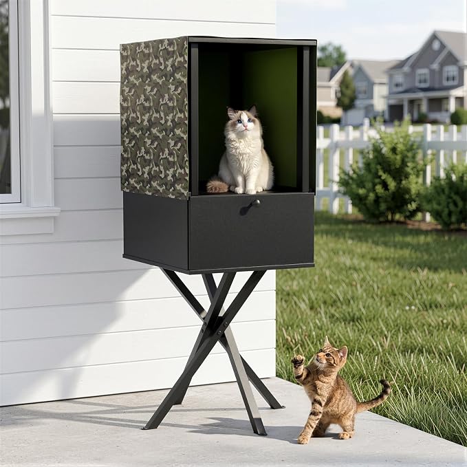 PAKASEPT Outdoor Cat Feeding Station with Camouflage Cover, Weatherproof Elevated Cat Feeder Shelter with Stand, Dog/Raccoon Proof Cat Food Storage Cabinet for Outside Feral Cats