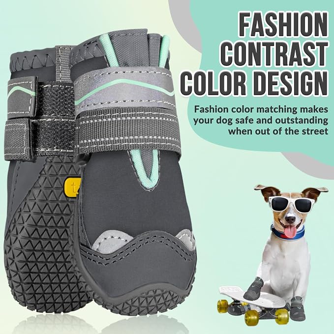 SlowTon Dog Shoes for Large Small Medium Dogs - Waterproof Dog Boots for Summer Hot Pavement, Paw Protector for Outdoor Walking Winter Snow, Anti-Slip Rubber Dog Booties for Hardwood Floor (Grey, 2)