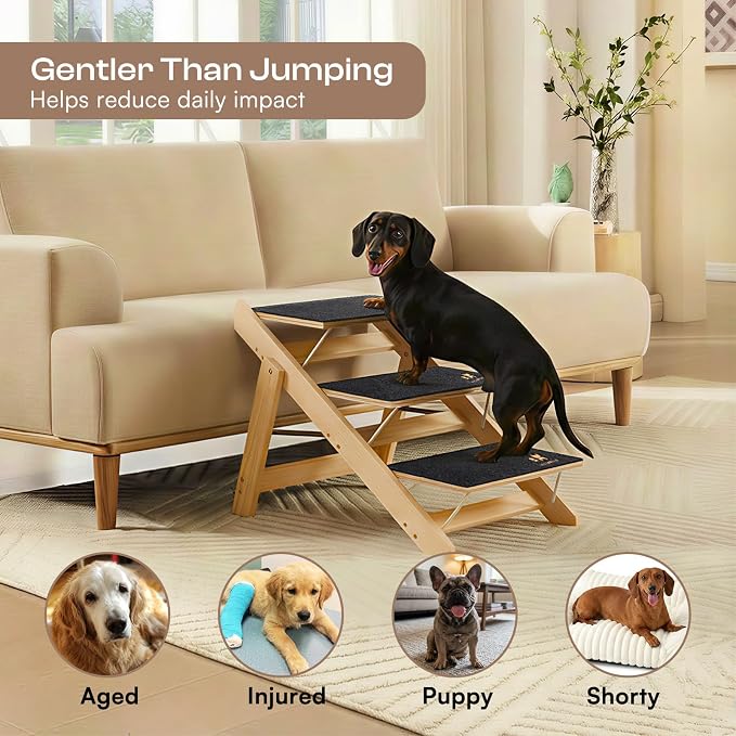 Luciphia Wooden 2-in-1 Dog Stairs, 3-Step Foldable Anti-Slip Pet Steps | For beds, cars, and couch, supports up to 220lbs, ideal for small, aged, and injured dogs and cats, indoor and outdoor use