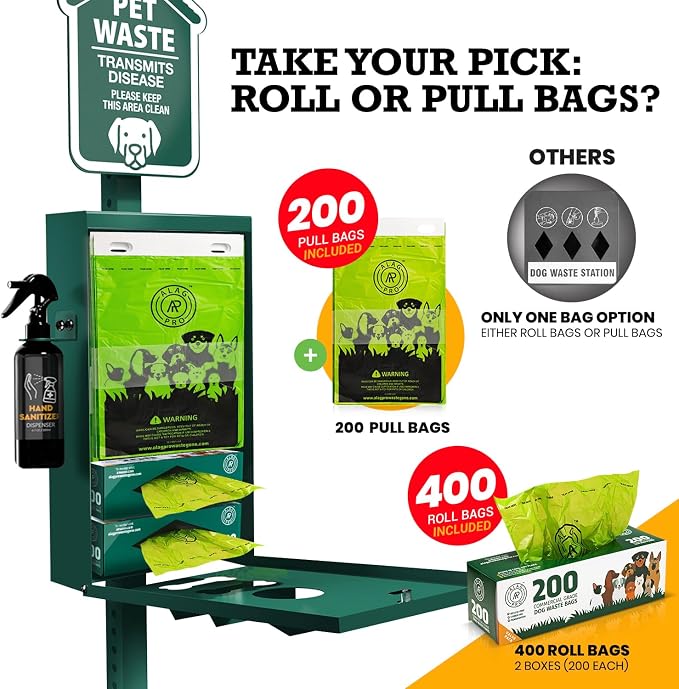 ALAGPRO® Pet Waste Station Outdoor Dog Waste Station with Hand Sanitizer Bottle, Commercial Dog Poop Station with Free 400 Roll, 200 Pull Waste Bags & 50 Can Liners for Backyard, Park & HOA's