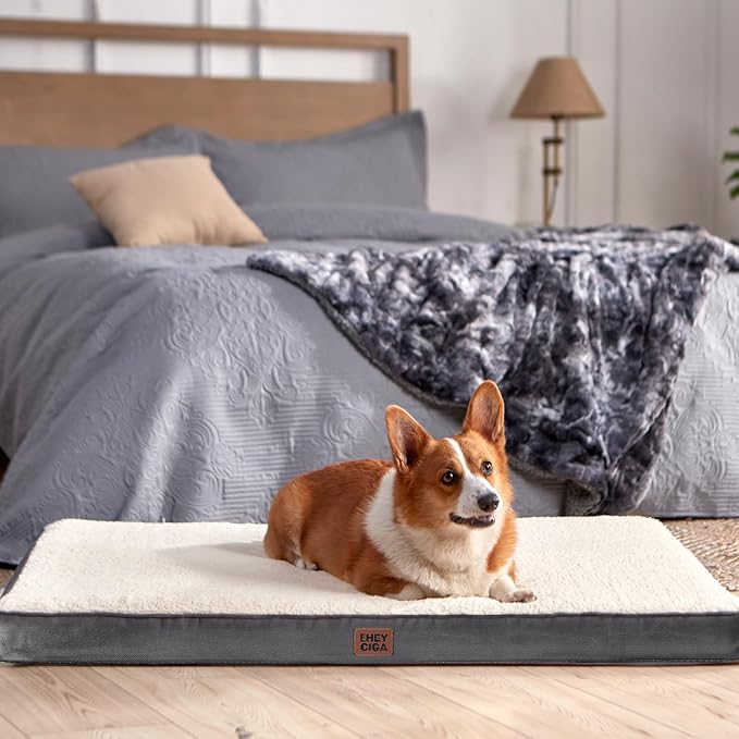 EHEYCIGA Orthopedic Dog Bed Large with Removable Washable Cover, 50IN Beige | Egg Crate Foam Support, Durable Oxford fabric, Non-Slip Bottom, Machine Washable, Soft Waterproof Plush Pet Bed Mat For Crate