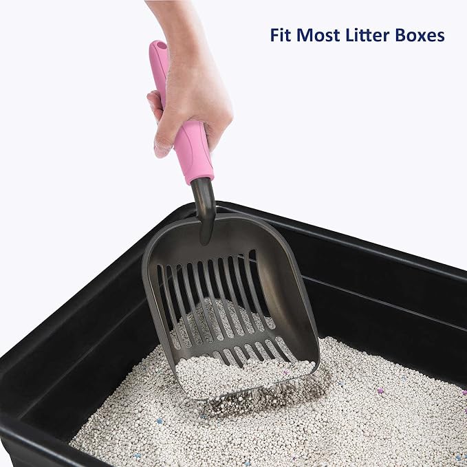 Cat Litter Scoop, Non-Stick Plated Aluminum Alloy Sifter, Kitty Durable Metal Scooper, Deep Shovel, Long Handle, Kitten Pooper Lifter, Size Medium, Coated Black Body with Pink Handle