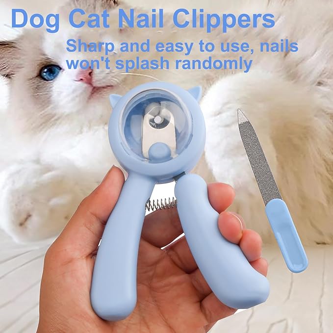 Dog Anti-Splash Pet Nail Clippers and Trimmer Set, Professional Stainless Steel Dog & Cat Nail Clippers with Safety Guard, Nail File, and Non-Slip Handle for Safe, Painless Grooming at Home, Blue