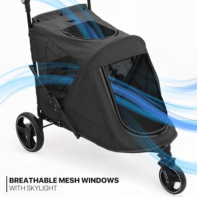 MoNiBloom Pet Stroller for Large Dogs or Dogs Cats up to 55 lbs, Black | with Adjustable Handle, 3-Wheels Dual Entry Portable Dog Carting Easy Folding Pet Wagon Double Multiple Dog Stroller