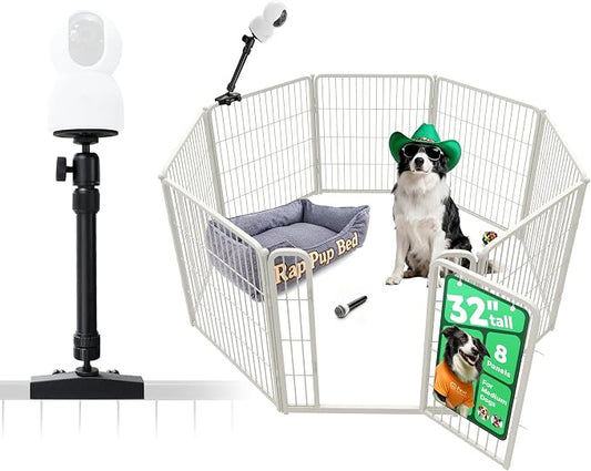 FXW Homeplus Indoor Dog Playpen with Camera Mount, 32" H, 8 Panels | Calm Indoor Play Area, Wider Viewing Angles with Stable Support, for Small & Medium Dogs, Patented
