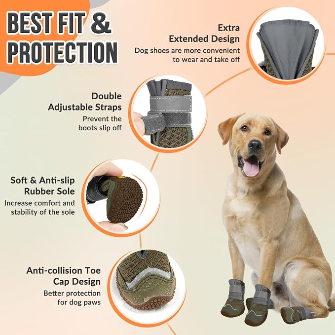 SlowTon Dog Shoes for Large Small Medium Dogs - Breathable Dog Boots for Summer Hot Pavement, Paw Protector for Outdoor Walking Winter Snow, Anti-Slip Rubber Dog Booties for HardFloor (Brown Gray, 2)