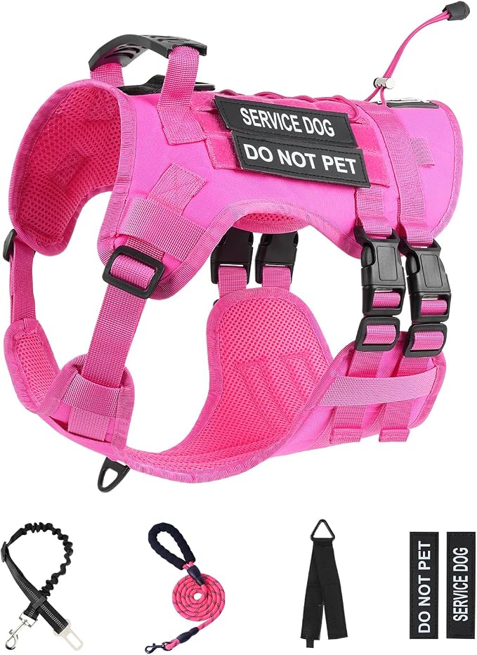 No Pull Tactical Dog Harness for Large Dogs, Service Dog Vest, XL, Pink | Tactical Dog Vest Harness and Leash Set, Adjustable Military Service Dog Harness with Handle for Medium Large Dogs