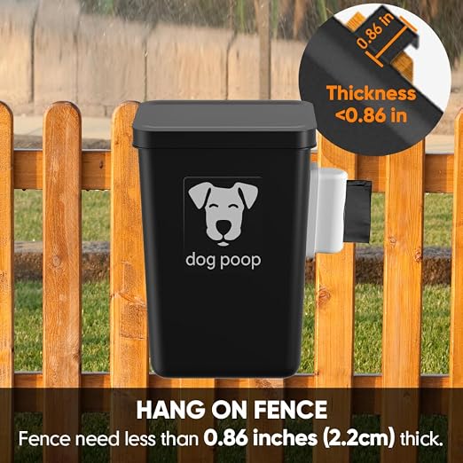 Moryimi Dog Poop Trash Can Outside 3.1 Gallon | Dog Waste Trash Can with Trash Bag Dispenser, Outdoor Dog Poop Trash Can with Lid, Black Hanging Trash Can for Fence, Garbage