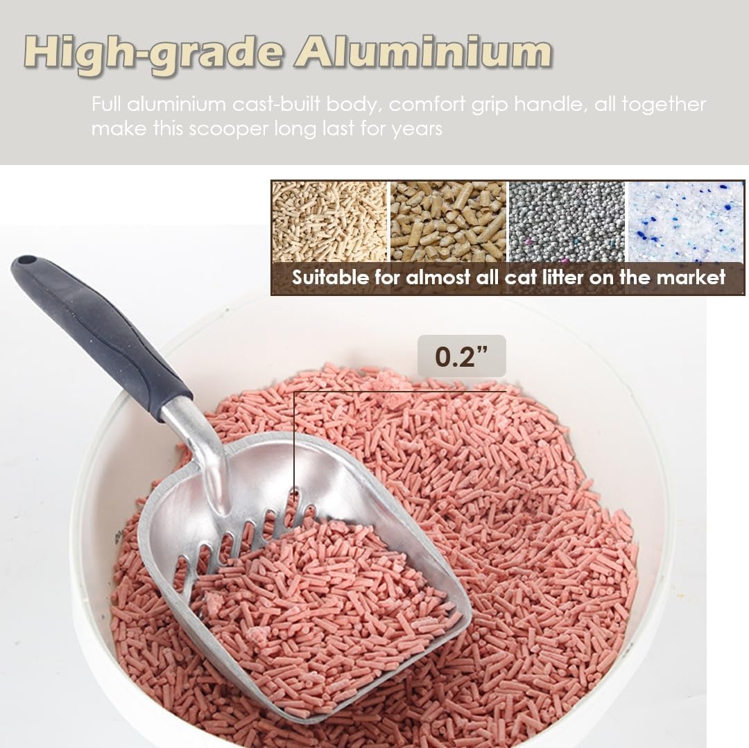 Heavy-Duty Metal Cat Litter Scoop with Holder, Aluminum Cats Litter Scooper Captures All Clumps, Kitty Metal Scooper and Holder (White)