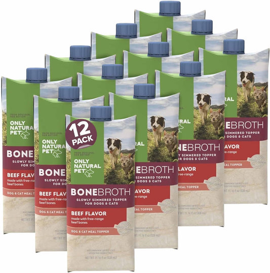 Only Natural Pet Bone Broth Beef Flavor Dog & Cat Meal Topper, 100% Human-Grade Slow-Simmered, Free-Range for Dry Food or to Hydrate Dehydrated Food - (12-Pack / 11.16 oz Each)