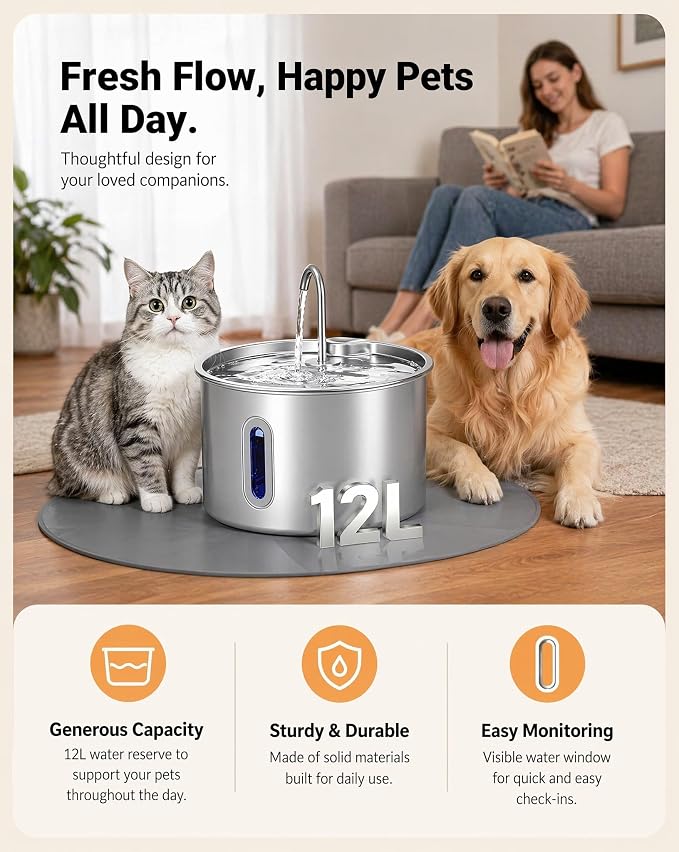 Stainless Steel Dog Water Fountain,12L/3.17Gal Large Capacity | Visible Water Window Window LED Alert Anti-Splash Feeding Mat for Multi-Pet Homes