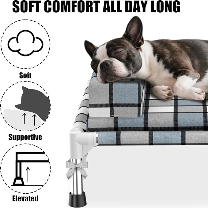 Elevated Dog Bed with Cushion & Bolster, Raised Dog Beds with Pillow & Mat | Medium Cooling Lifted Indoor Outdoor Portable Lifted Pet Cot Stainless Steel Frame Indoor Outside Breathable Hammock Beds