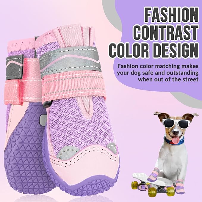 SlowTon Dog Shoes for Large Small Medium Dogs - Breathable Dog Boots for Summer Hot Pavement, Paw Protector for Outdoor Walking Winter Snow, Anti-Slip Rubber Dog Booties for Hardwood Floor (Pink, 4)
