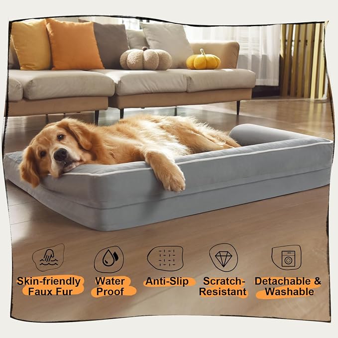 Orthopedic Waterproof Dog Bed with Bolster for Extra Large Size Dogs | Pillow Support for Neck Relief, Egg Crate Foam, Waterproof Liner, Anti-Slip Bottom, Removable Bolster Cover, 48 x 33 Inch