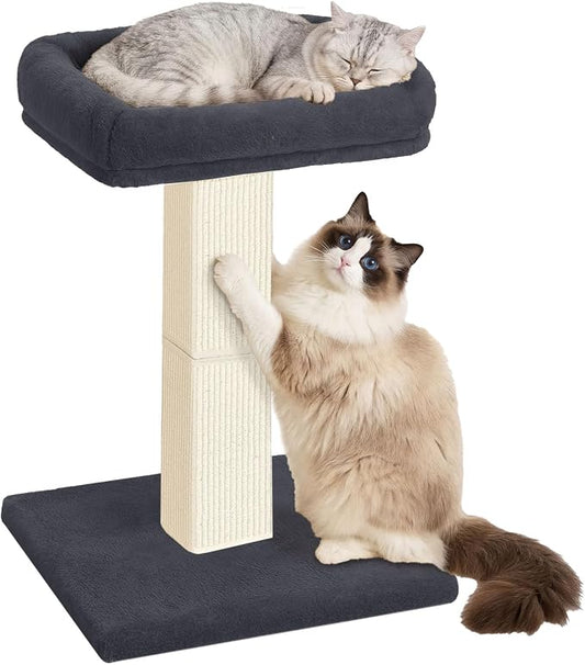 Cat Scratching Post, 32”Cat Scratcher with Large Plush Perch, Sisal & Carpet Scratching Post, Vertical Posts with Elevated Bed for Indoor Cats, Removable& Washable Cover, Dark Grey