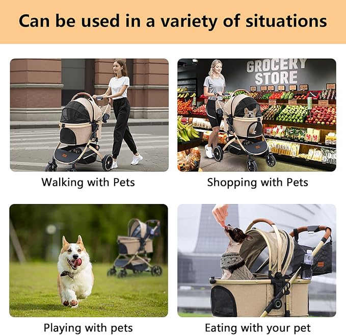 Pettingzoo Dog stroller with 4 Wheels, Folding Cat Stroller for Small/Medium/Large dogs & cats to 60 lbs, pet stroller with removable carrier, Storage BasketCup Holder,3 in1 Multifunctional Detachable