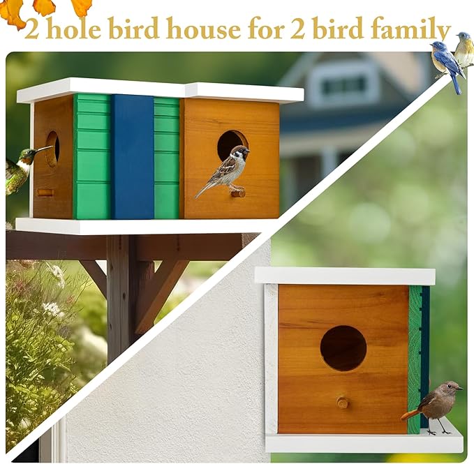 CLACKIBUKVYZ Bird House - Wooden Birdhouse with 2 Entrances - Outdoor Hanging Bird Nesting Box for Bluebirds, Finches, Cardinals - Durable Solid Wood Design, Ideal for Garden Decoration